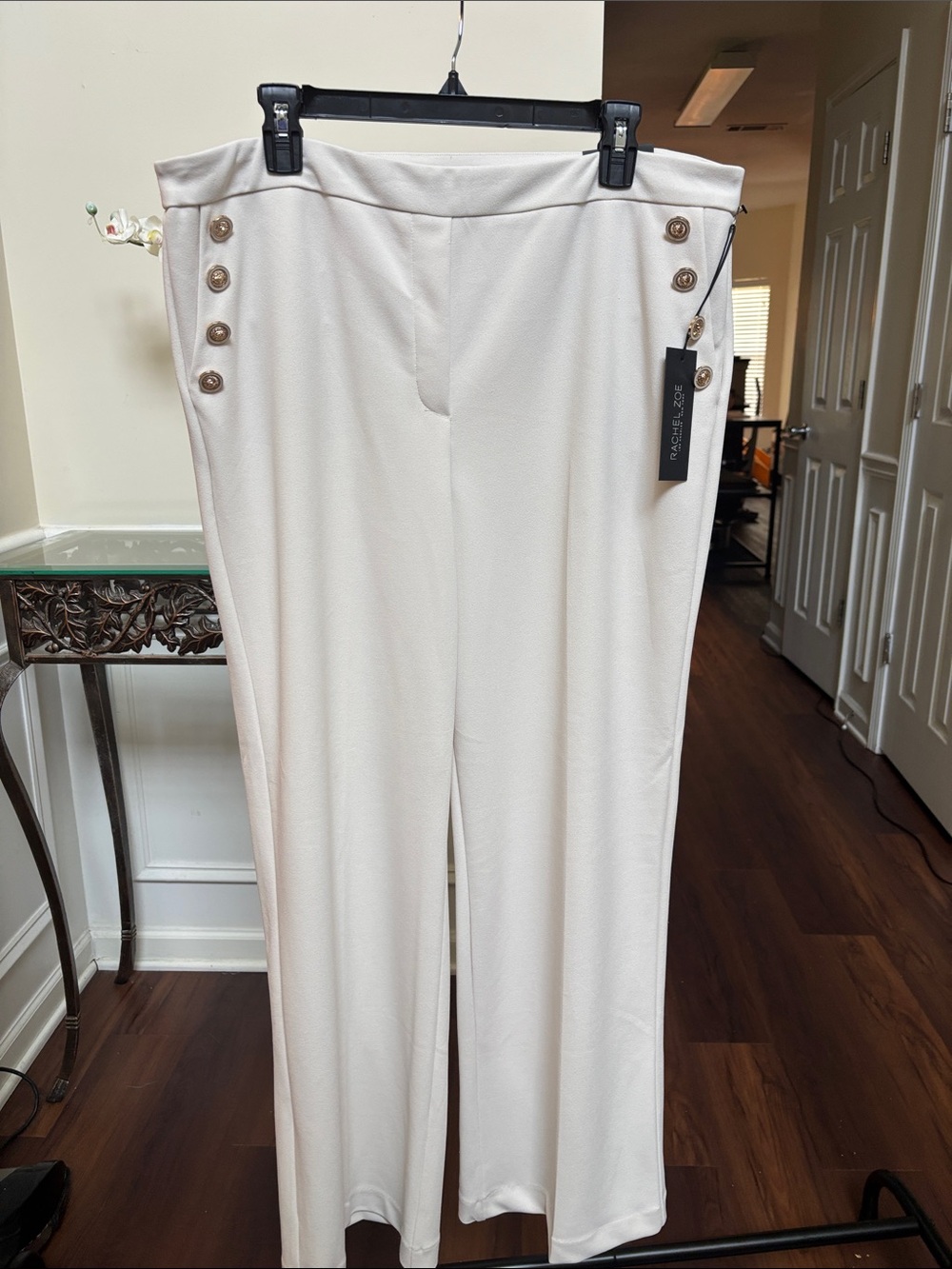 Rachel Zoe Cream Mid Rise Straight Leg Trousers with Side Button Detail size XL